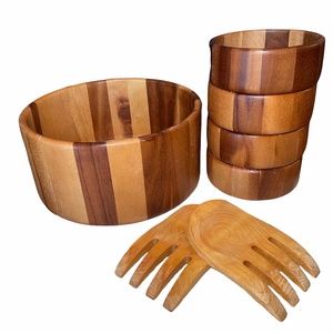 Retro Vintage 1970's Teak Wood Serving Salad Bowl Set Serving Claws BOHO Kitchen